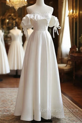 White Satin Off Shoulder Beaded Sweetheart Formal Dress, White Long Semi Formal Prom Dress